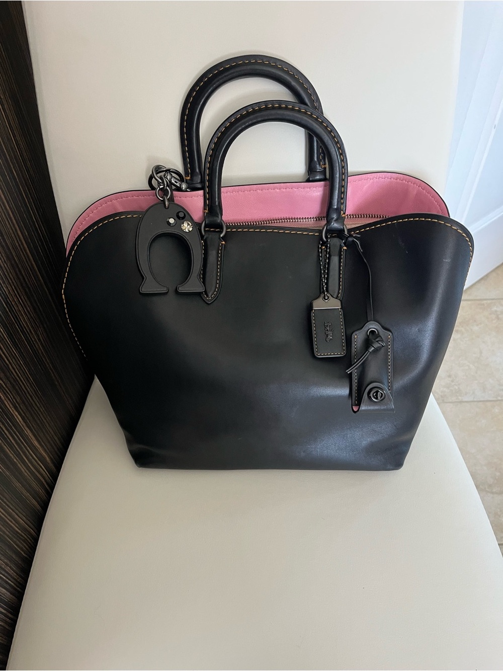 Coach Black Leather Satchel with Pink Lining